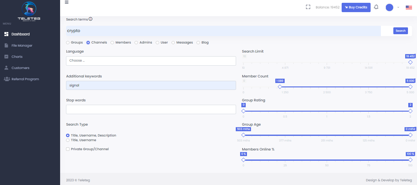 Setting up Teleteg search filters